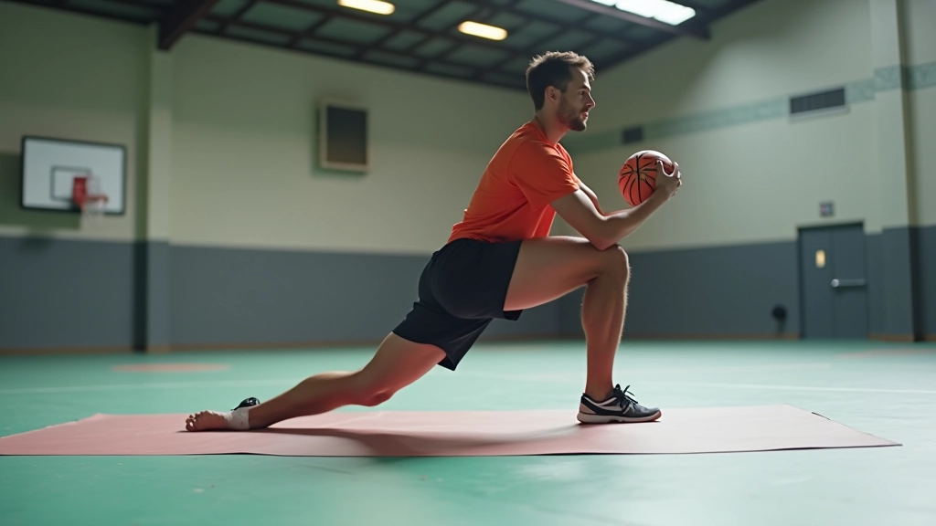 لاعب كرة يد يمارس تمارين خاصة بالمرونة والإطالة في صالة رياضية
